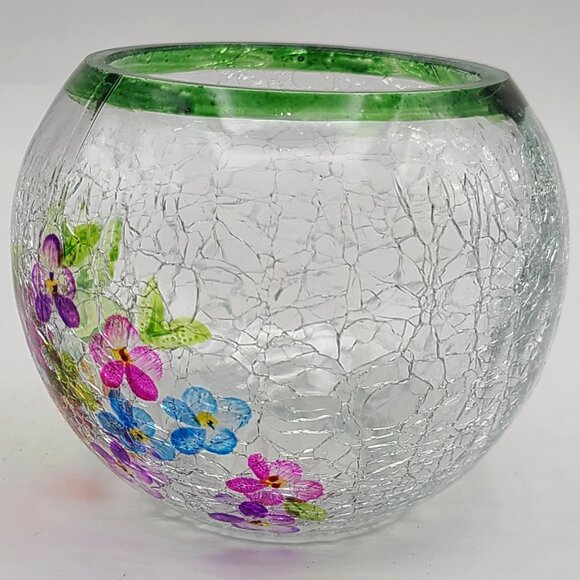 FINAL CLEARANCE Hand Painted Floral Crackle Glass Votive Candle Holder Vase 4” - Picture 6 of 9